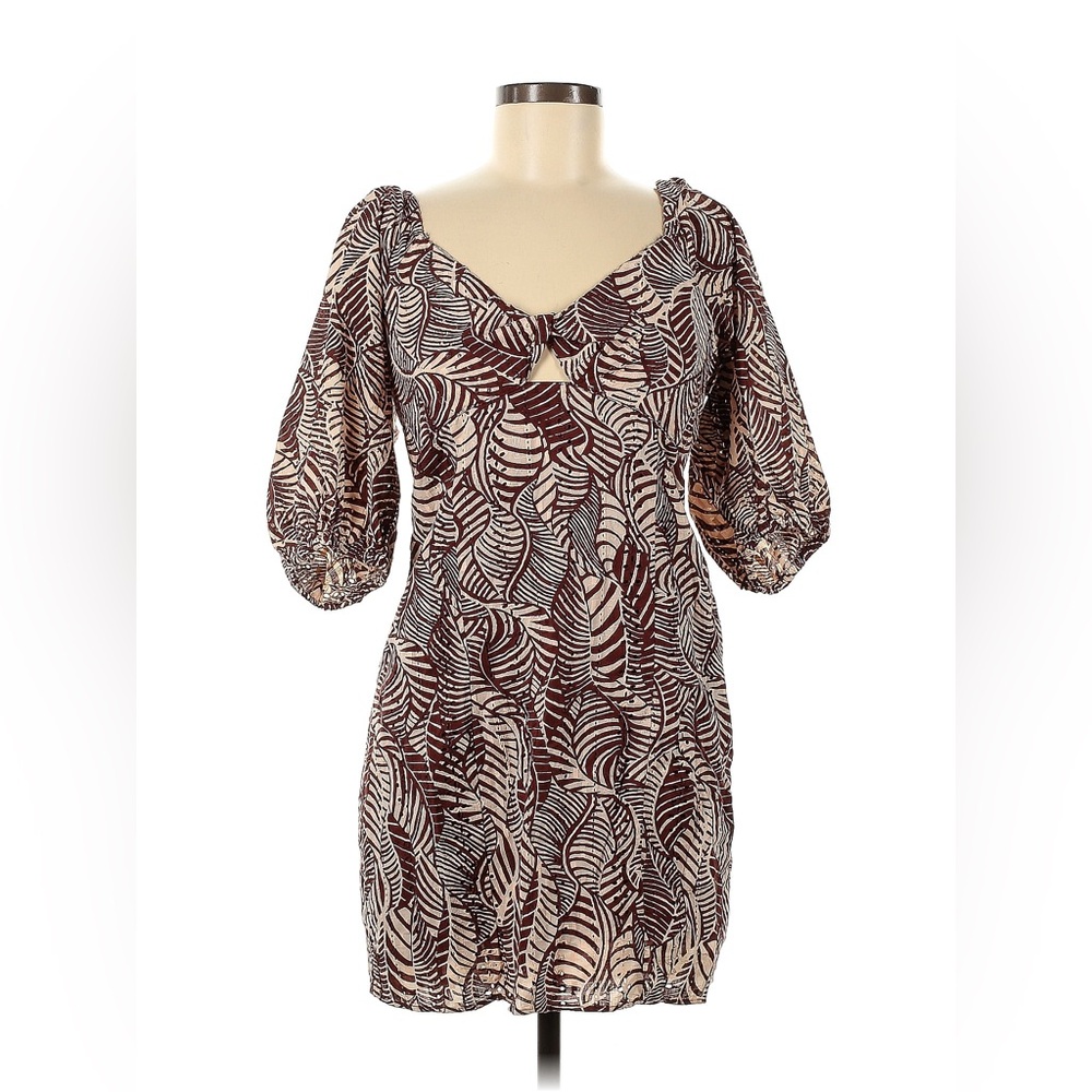 Mango Leaf-Print Mini Dress in Burgundy and Cream - Picture 8 of 11